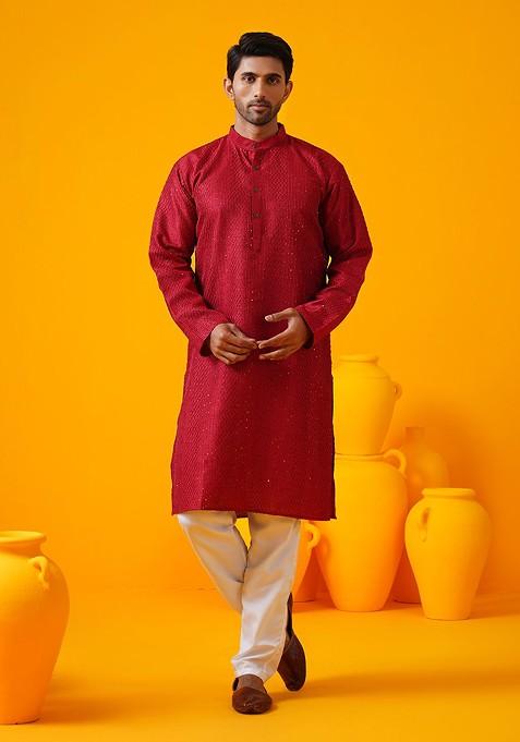Red Thread Work Poly Blend Kurta Set For Men