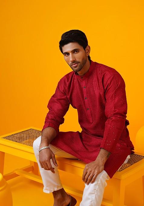 Red Thread Work Poly Blend Kurta Set For Men