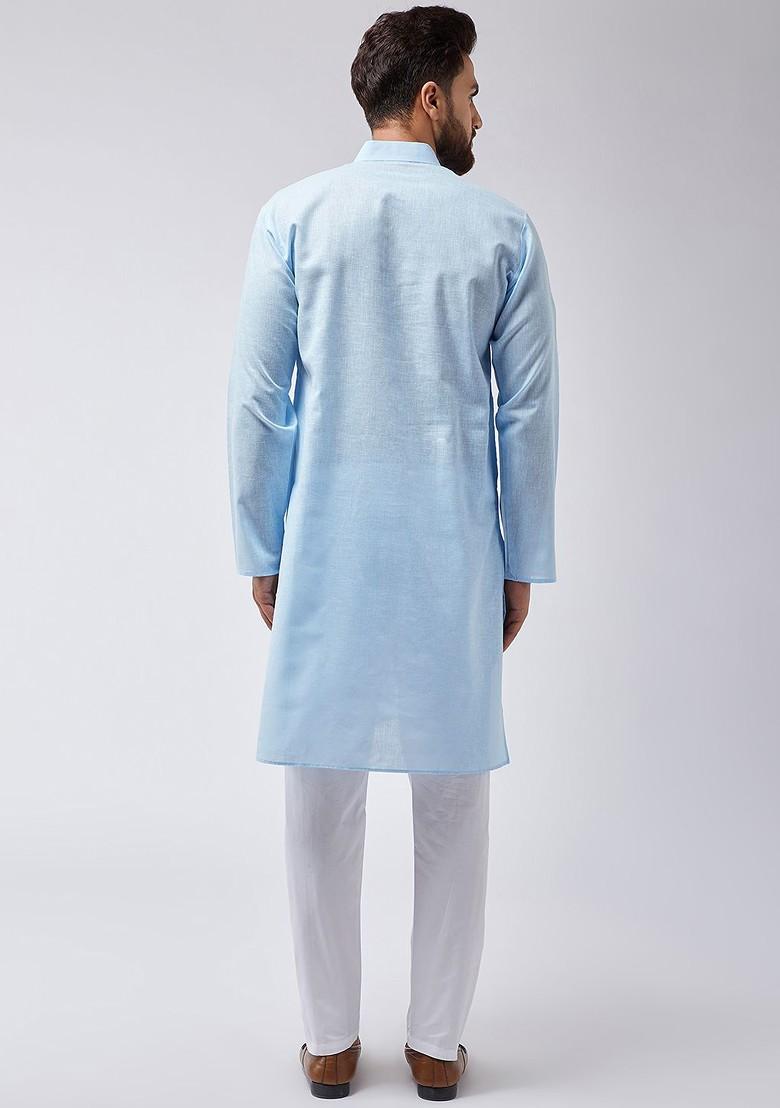 Turquoise Blue Solid Poly Blend Kurta Set For Men