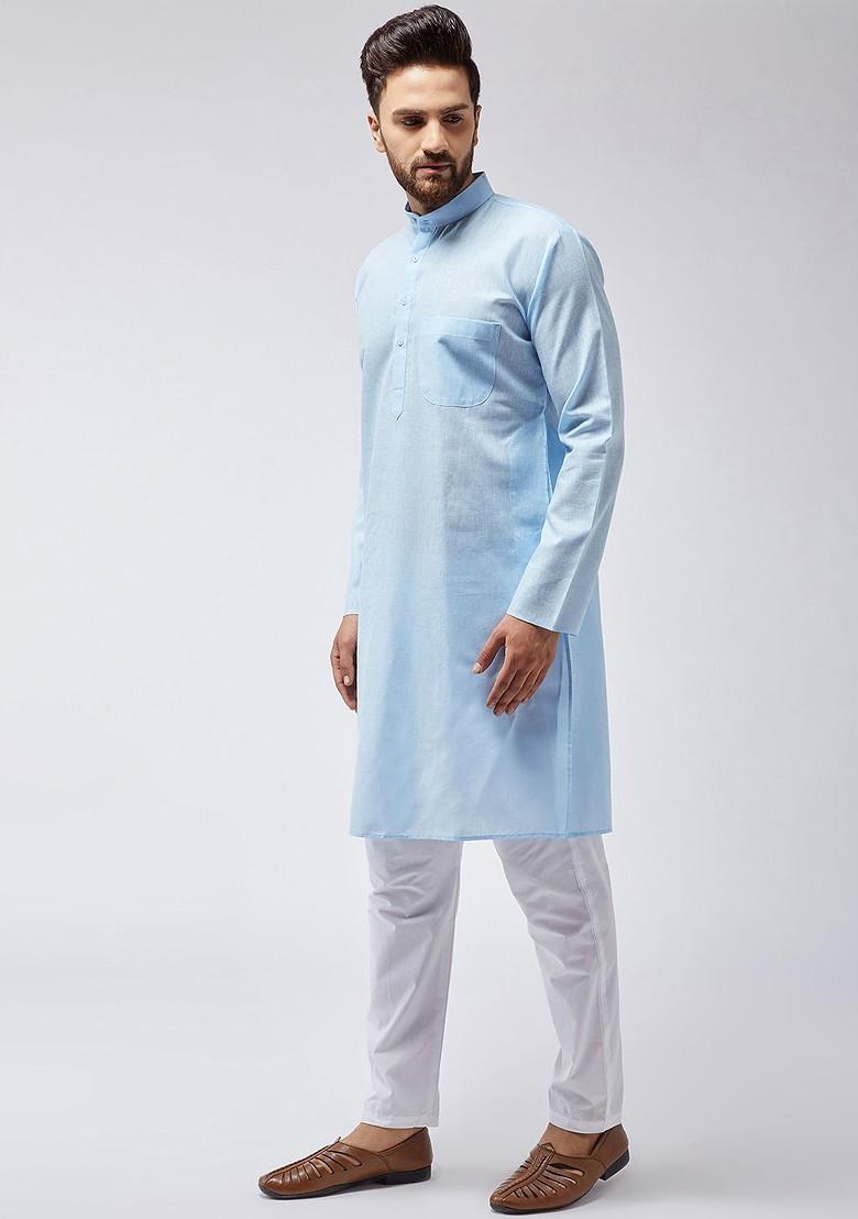 Turquoise Blue Solid Poly Blend Kurta Set For Men