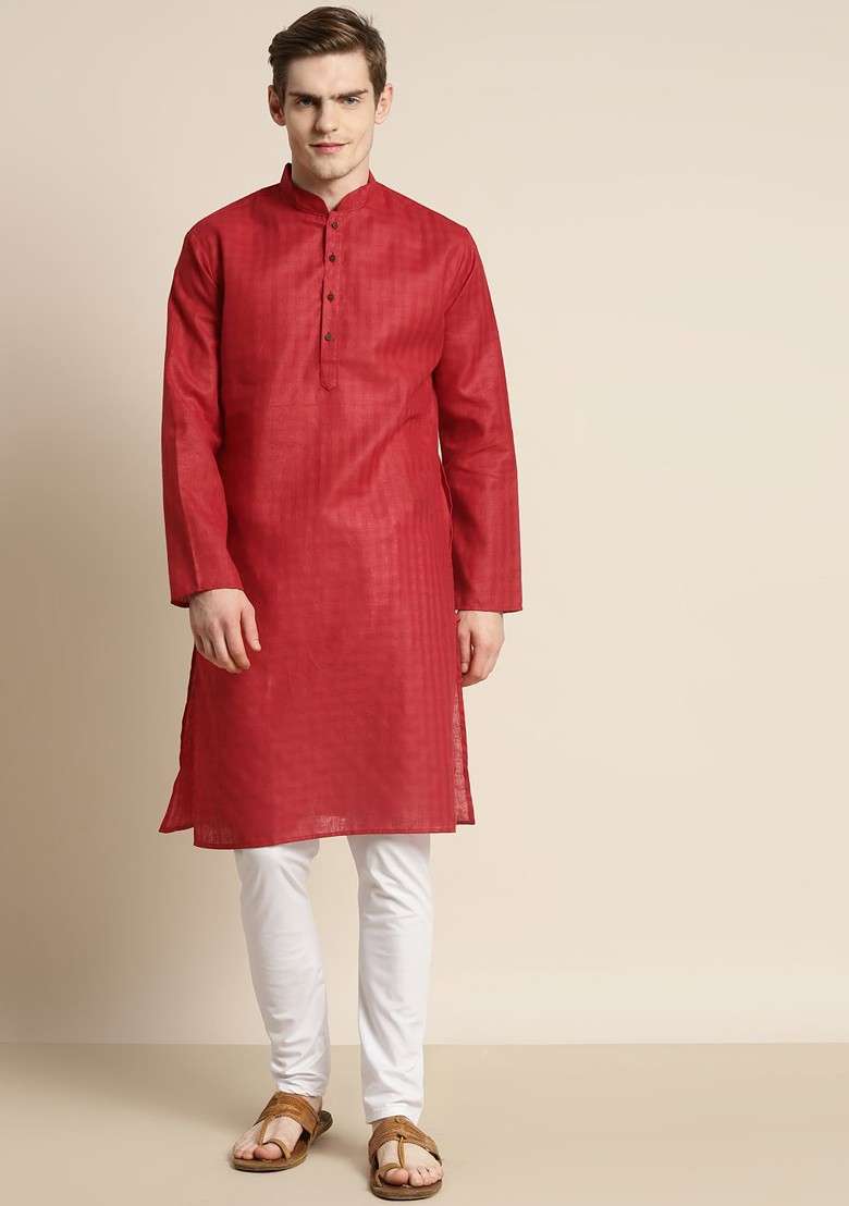 Red Solid Poly Blend Kurta Set For Men - Indya