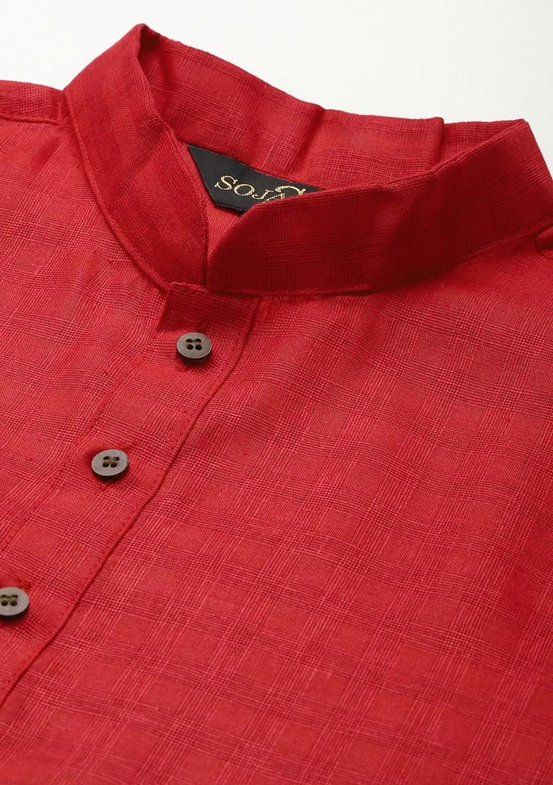 Red Solid Poly Blend Kurta Set For Men