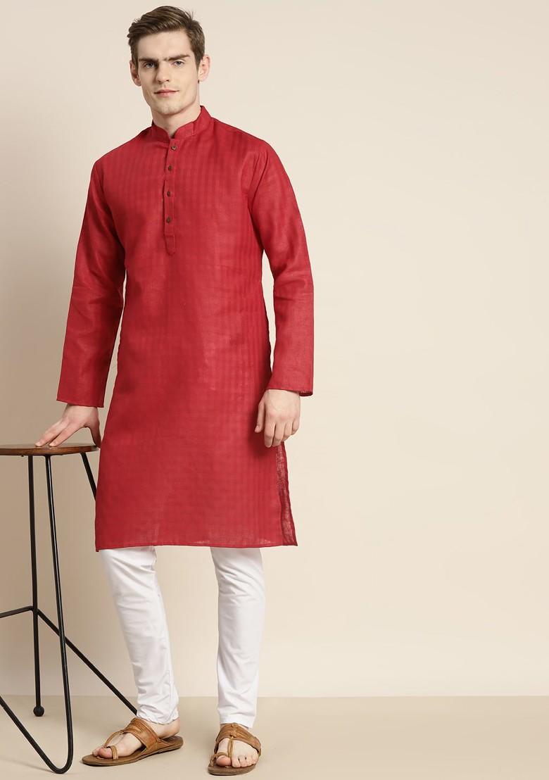 Red Solid Poly Blend Kurta Set For Men