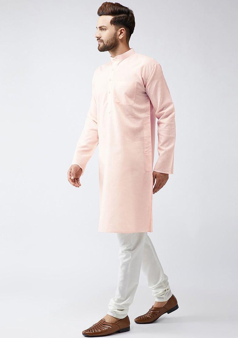 Peach Solid Poly Blend Kurta Set For Men