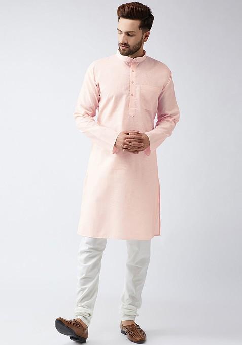 Peach Solid Poly Blend Kurta Set For Men — view on Indya