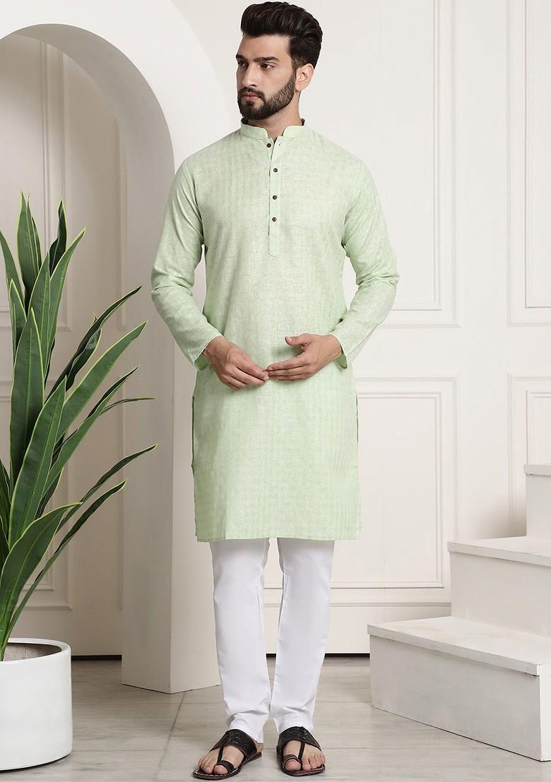 Green Checked Poly Blend Kurta Set For Men