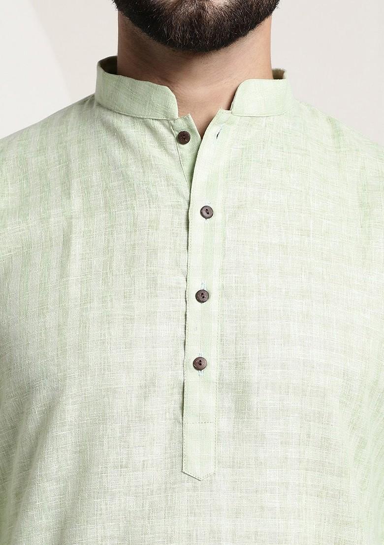 Green Checked Poly Blend Kurta Set For Men