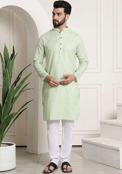 Green Checked Poly Blend Kurta Set For Men