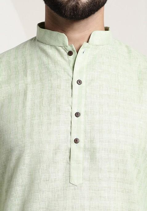Green Checked Poly Blend Kurta Set For Men