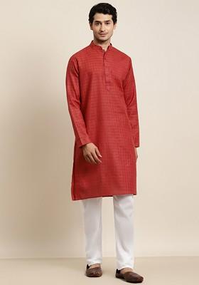 Red Solid Poly Blend Kurta Set For Men