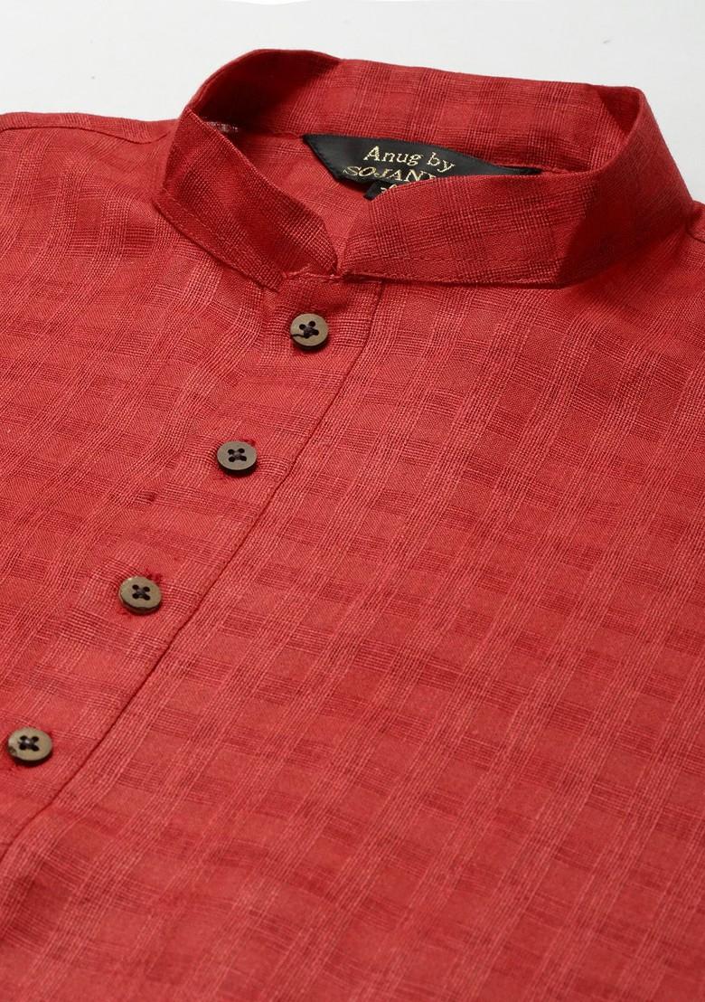 Red Solid Poly Blend Kurta Set For Men