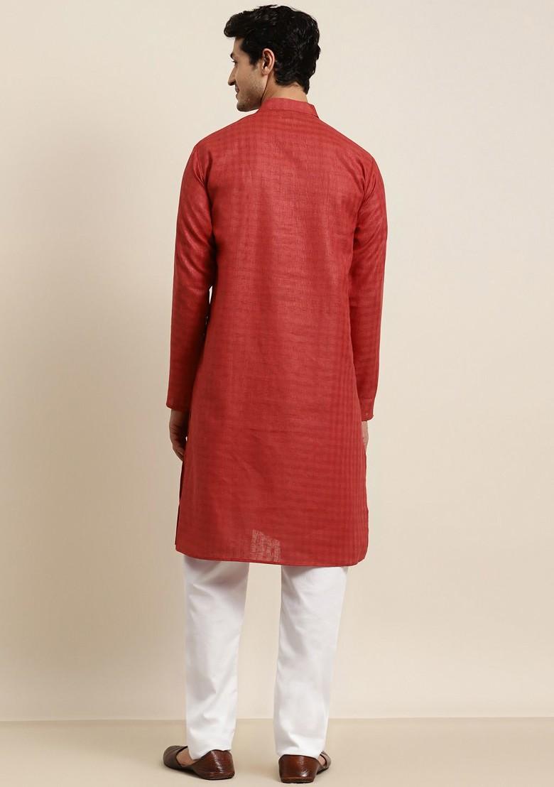 Red Solid Poly Blend Kurta Set For Men