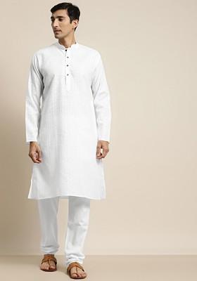 White Checked Poly Blend Kurta Set For Men