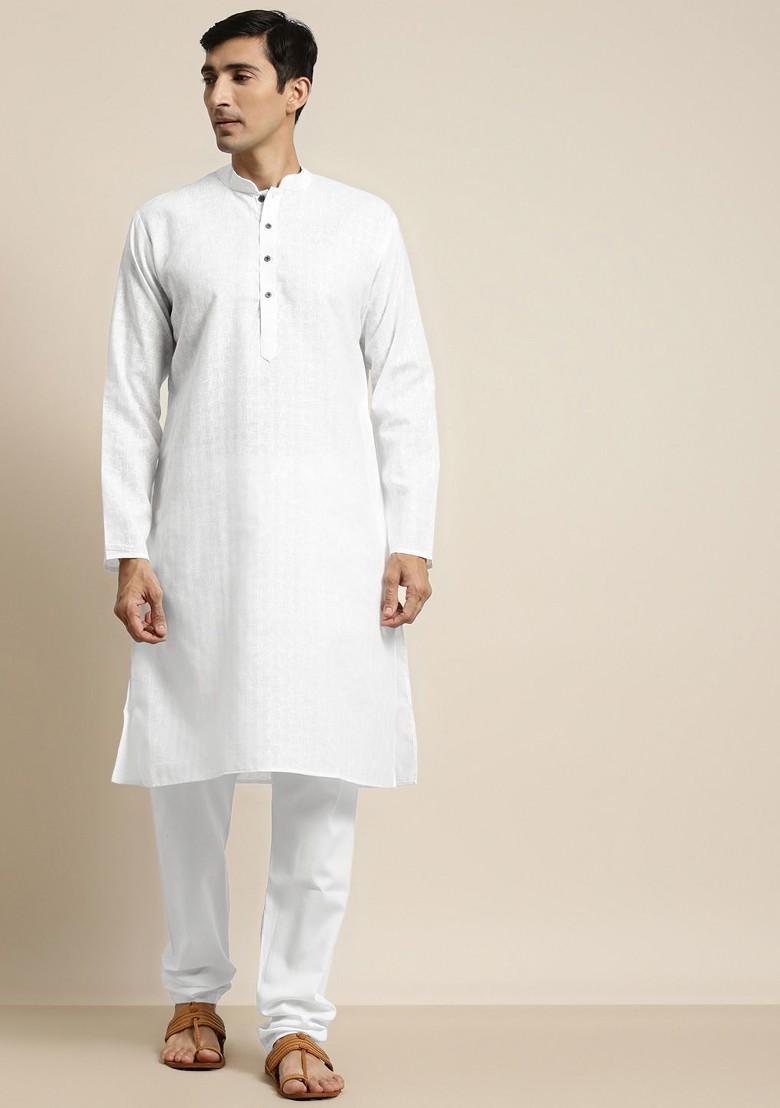 White Checked Poly Blend Kurta Set For Men