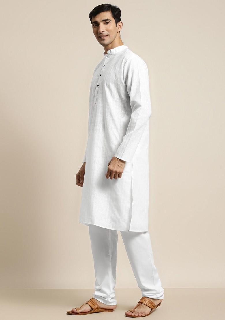 White Checked Poly Blend Kurta Set For Men