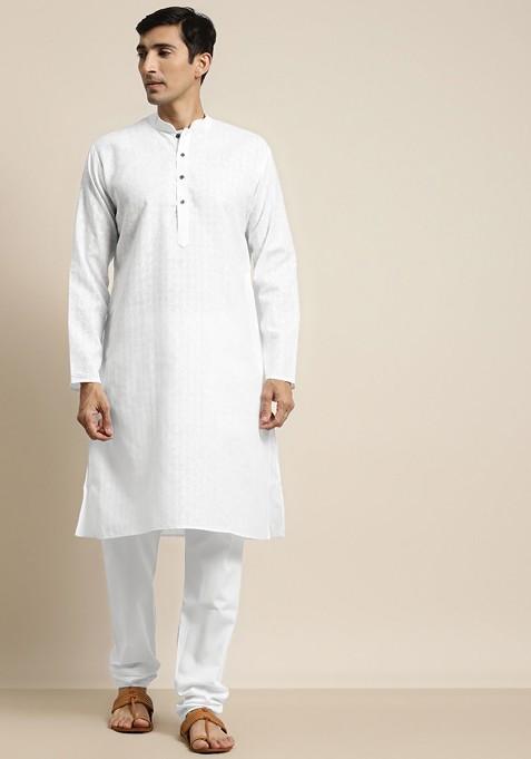 White Checked Poly Blend Kurta Set For Men — view on Indya