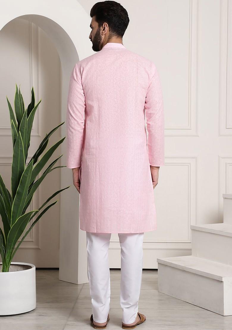 Pink Woven Poly Blend Kurta Set For Men