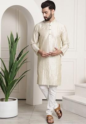 Cream Striped Poly Blend Kurta Set For Men