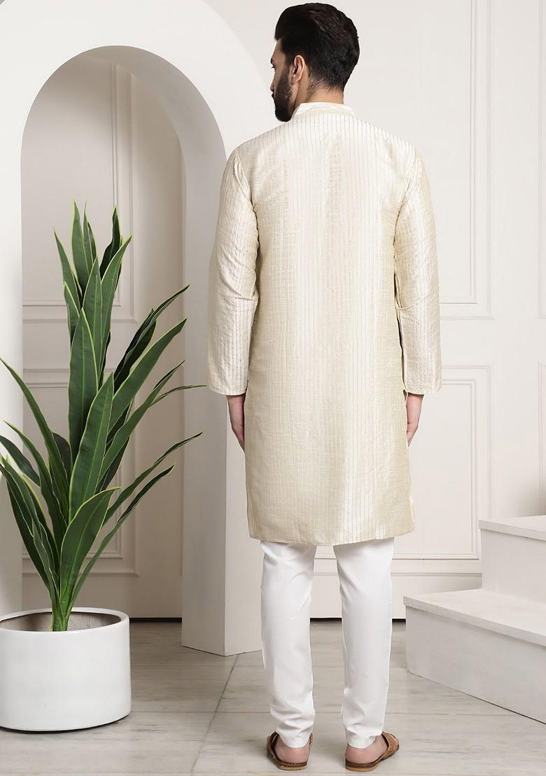 Cream Striped Poly Blend Kurta Set For Men