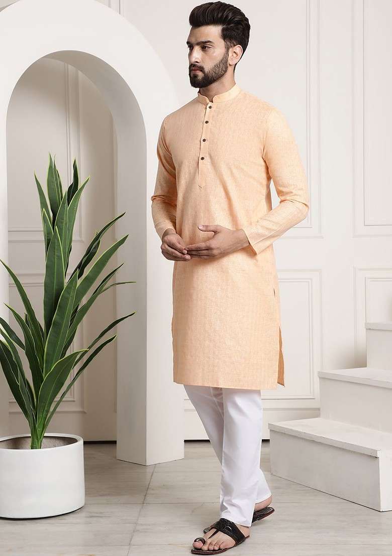 Peach Woven Poly Blend Kurta Set For Men - Indya