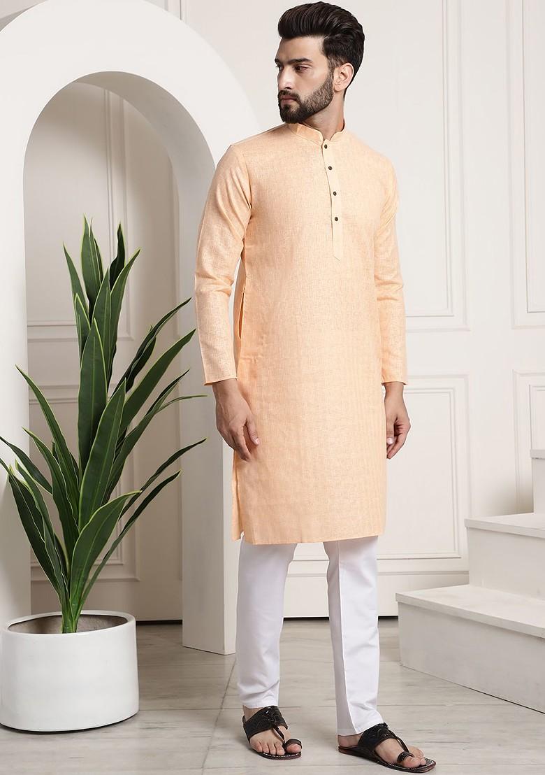 Peach Woven Poly Blend Kurta Set For Men