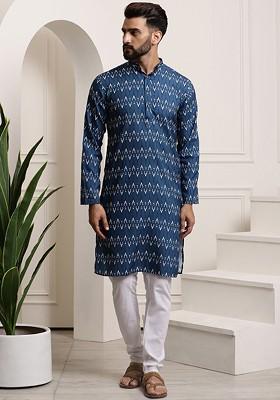 Navy Blue Ethnic Motifs Cotton Kurta Set For Men