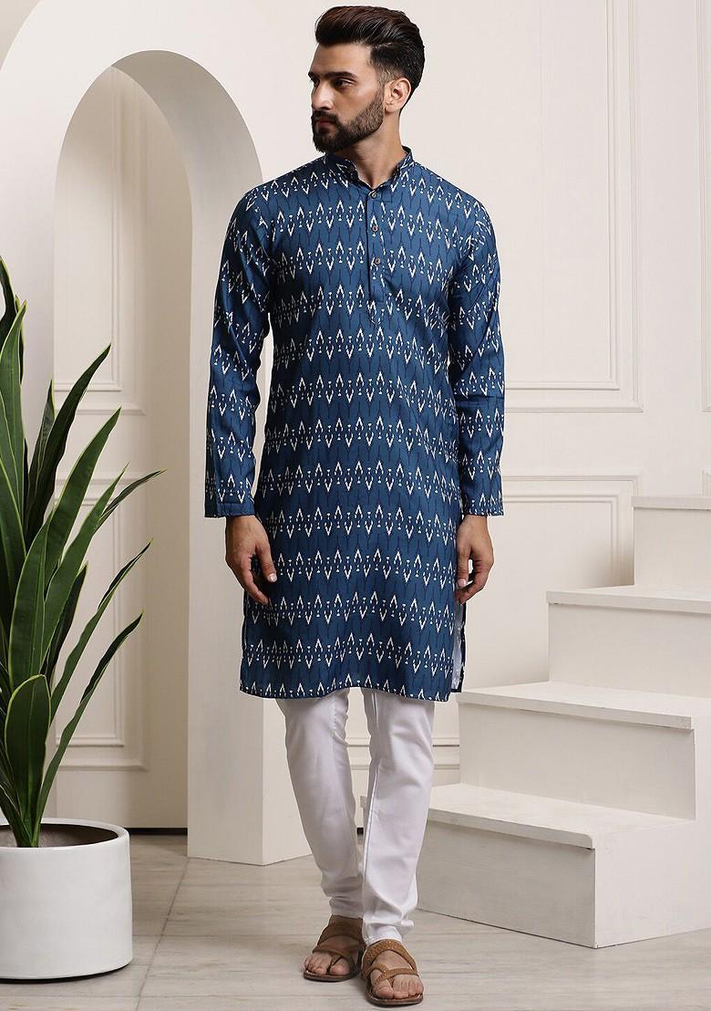 Navy Blue Ethnic Motifs Cotton Kurta Set For Men