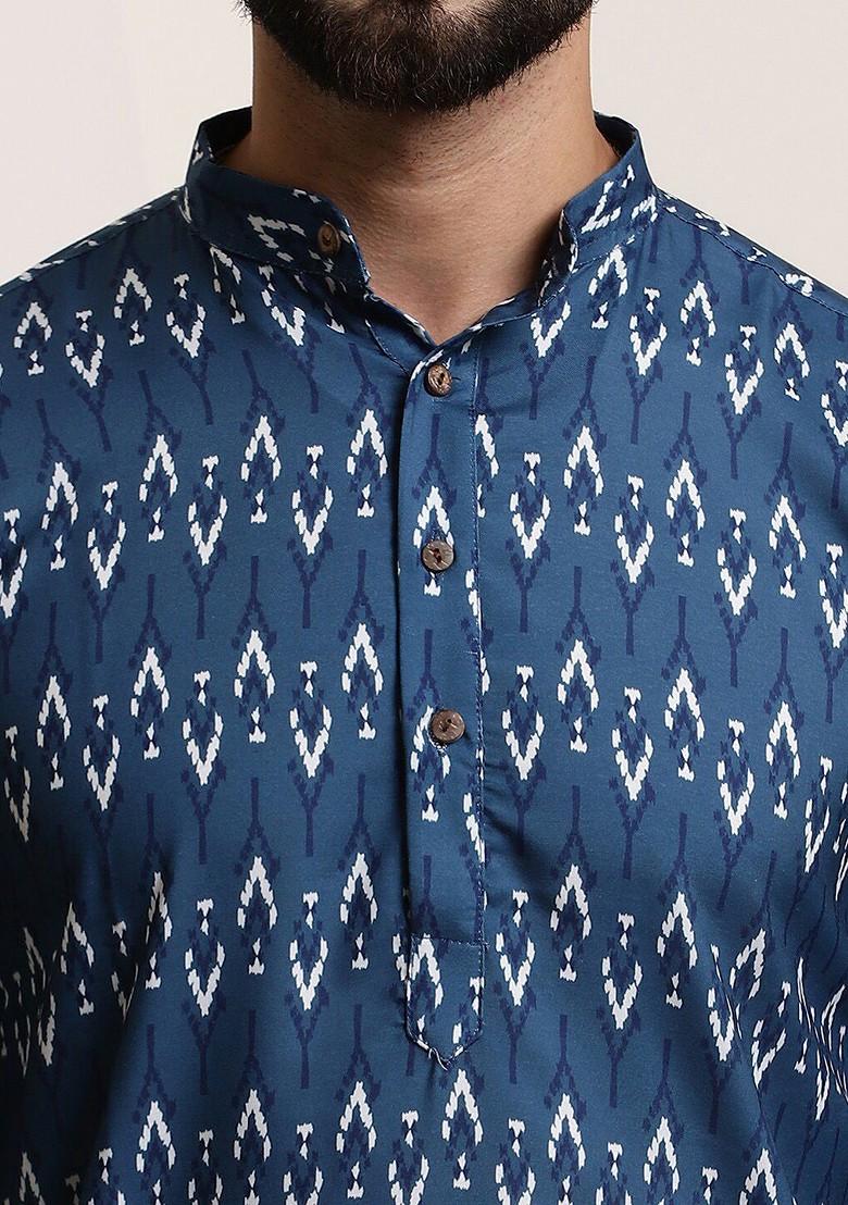 Navy Blue Ethnic Motifs Cotton Kurta Set For Men