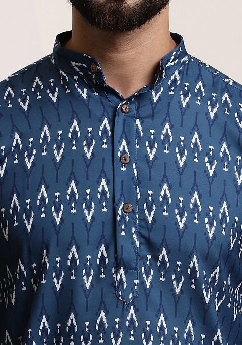 Navy Blue Ethnic Motifs Cotton Kurta Set For Men