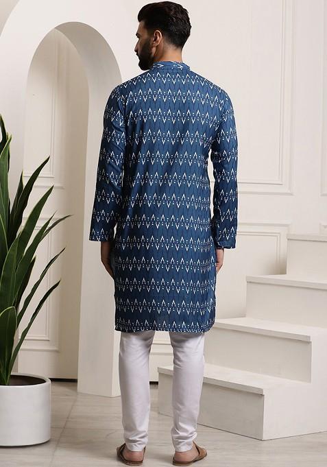 Navy Blue Ethnic Motifs Cotton Kurta Set For Men