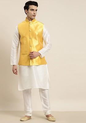 Off White Woven Poly Blend Kurta Set For Men