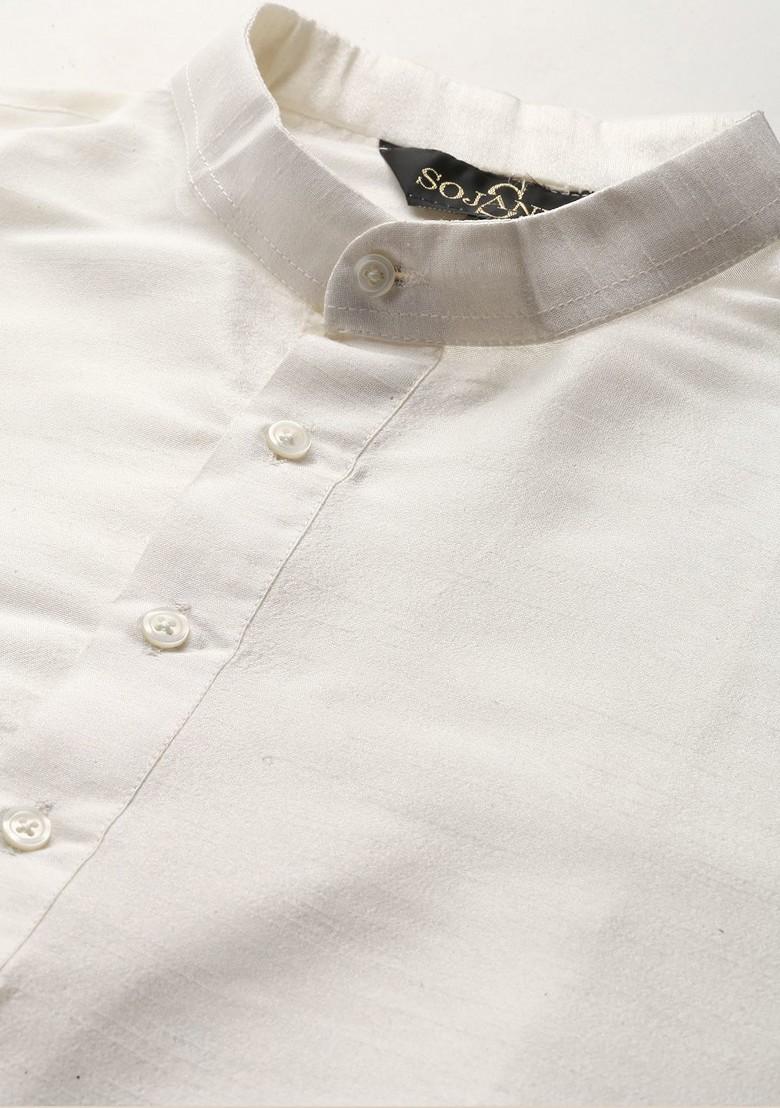 Off White Woven Poly Blend Kurta Set For Men