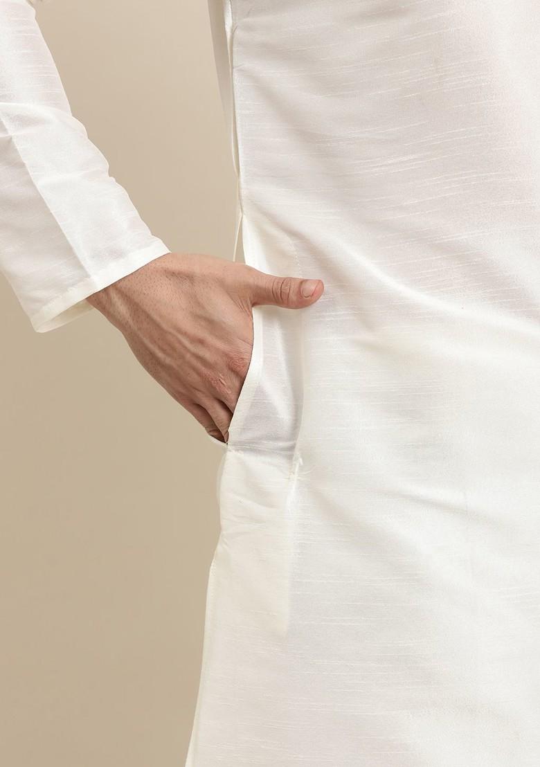 Off White Woven Poly Blend Kurta Set For Men