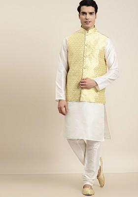 Off White Woven Poly Blend Kurta Set For Men