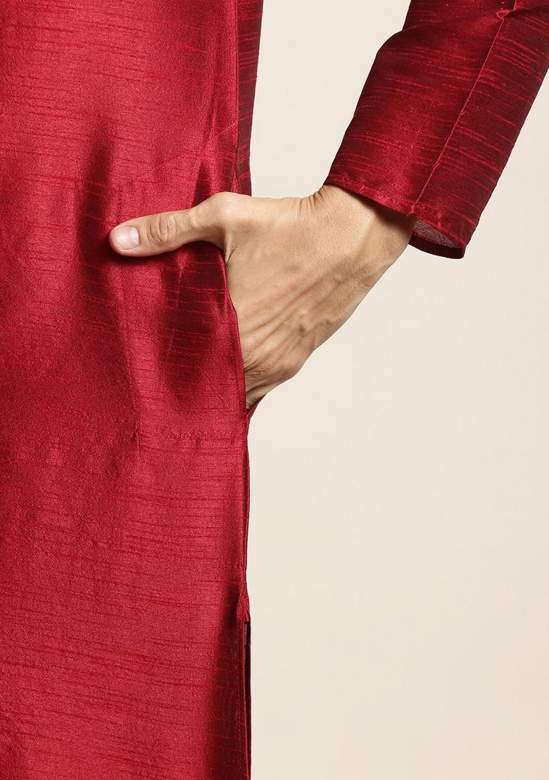 Maroon Embroidered Poly Blend Kurta Set For Men