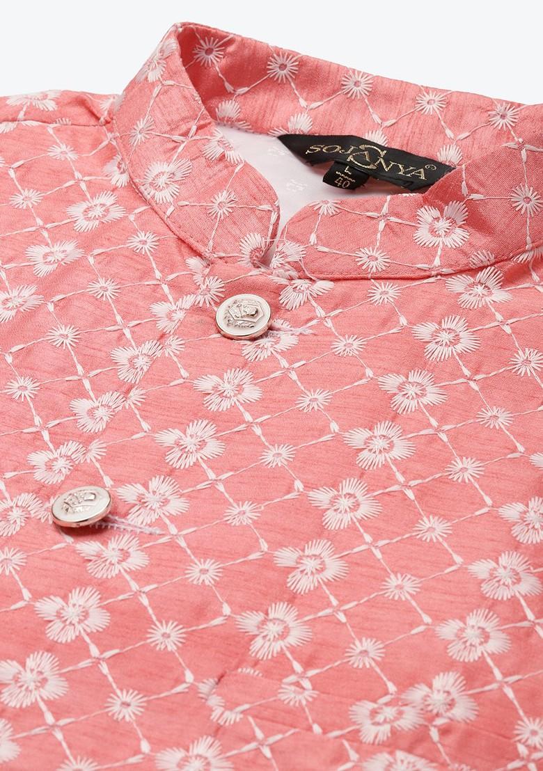 Maroon Embroidered Poly Blend Kurta Set For Men