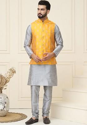 Grey Woven Poly Blend Kurta Set For Men