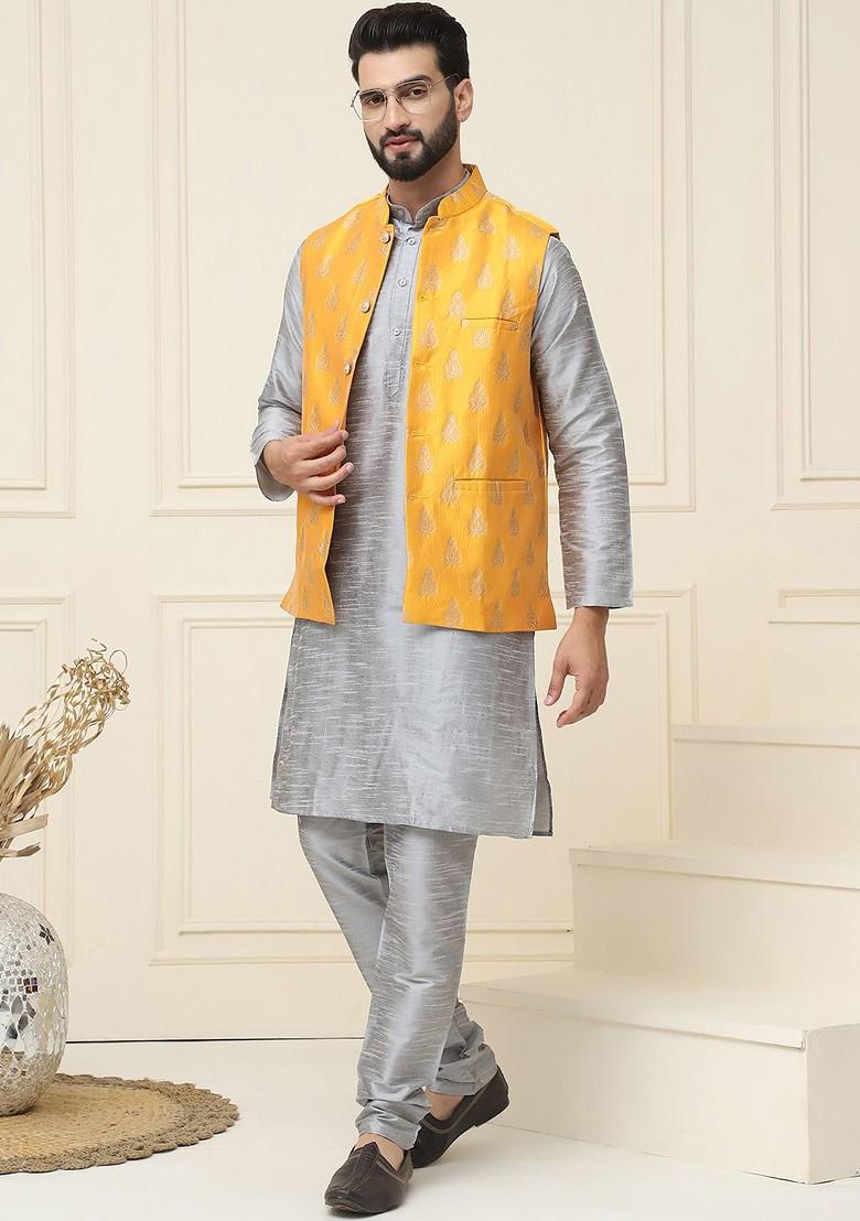Grey Woven Poly Blend Kurta Set For Men