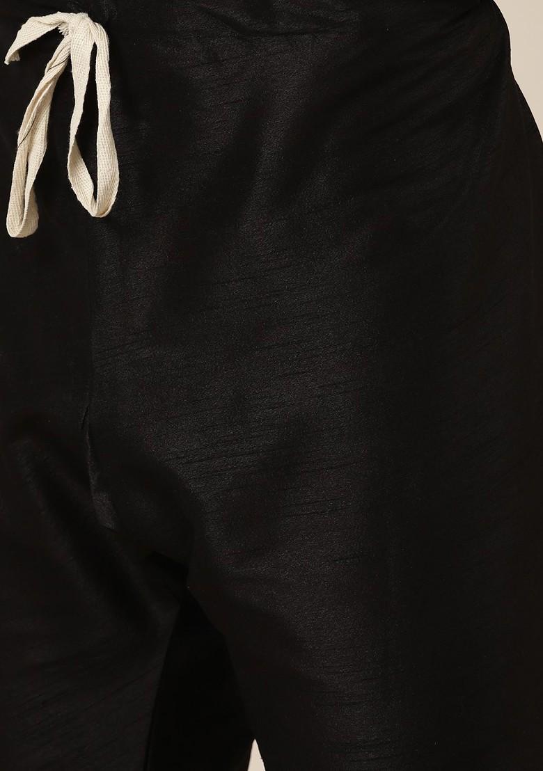 Black Embroidered Poly Blend Kurta Set For Men