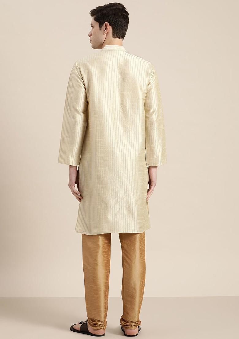 Cream Solid Poly Blend Kurta Set For Men