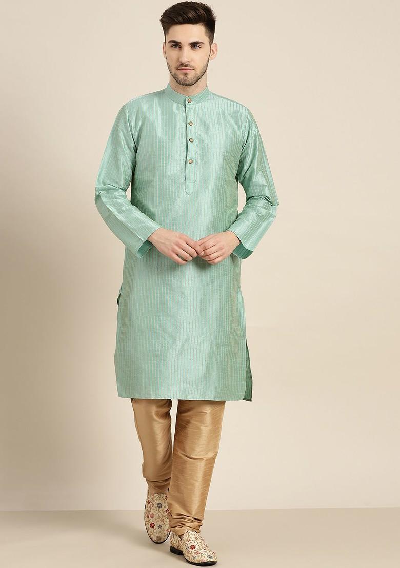 Sea Green Solid Poly Blend Kurta Set For Men