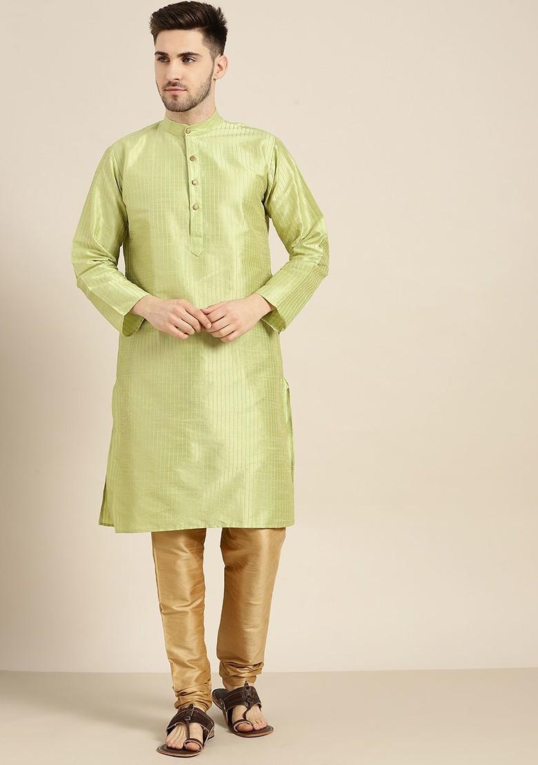 Green Solid Poly Blend Kurta Set For Men