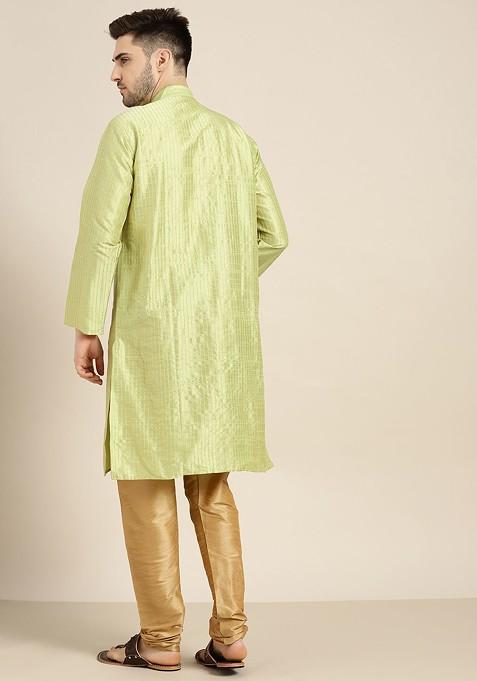 Green Solid Poly Blend Kurta Set For Men
