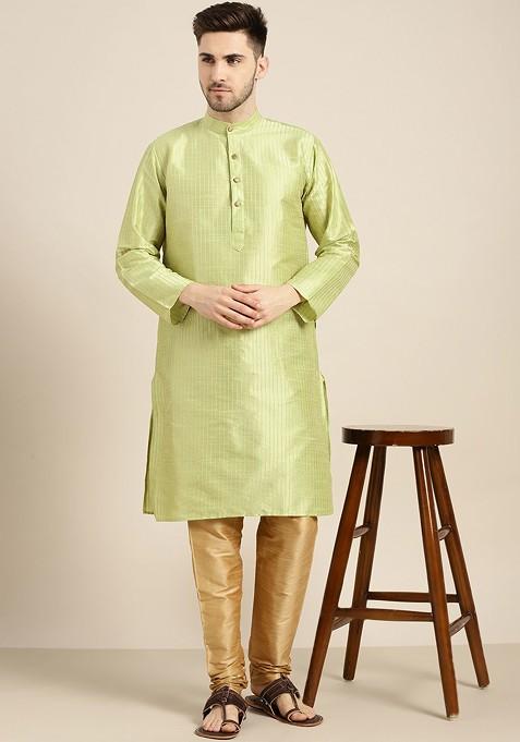 Green Solid Poly Blend Kurta Set For Men