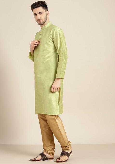 Green Solid Poly Blend Kurta Set For Men