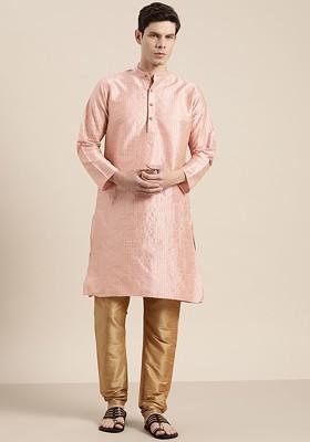 Pink Solid Poly Blend Kurta Set For Men