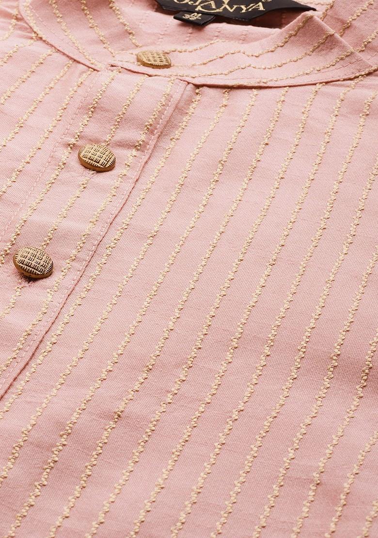 Pink Solid Poly Blend Kurta Set For Men