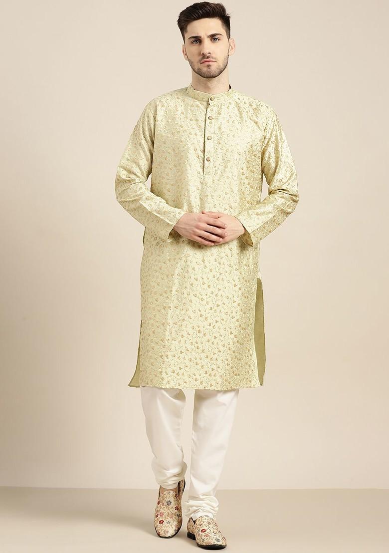 Green Floral Print Poly Blend Kurta Set For Men