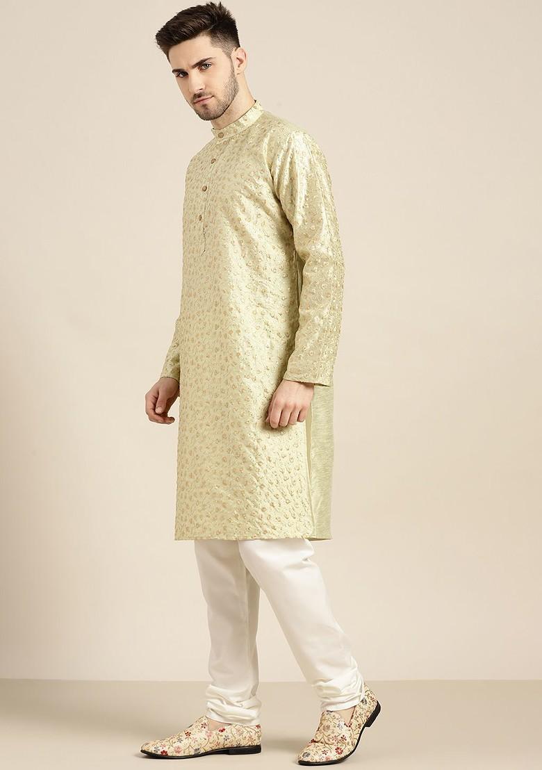 Green Floral Print Poly Blend Kurta Set For Men