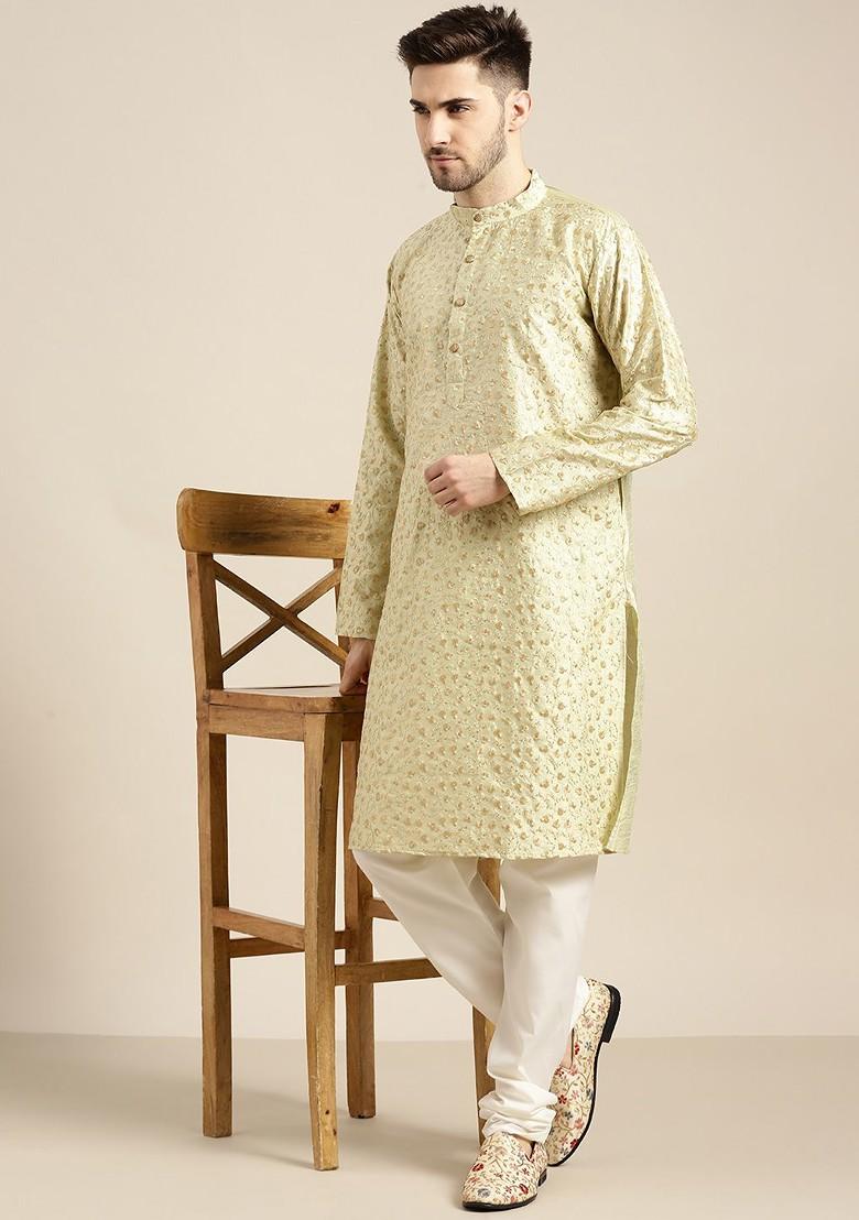 Green Floral Print Poly Blend Kurta Set For Men